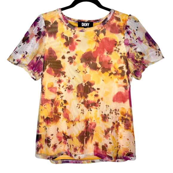 DKNY Floral Watercolor Print Sheer Lined Puff Sleeve Blouse Size Women’s Large - Picture 6 of 6